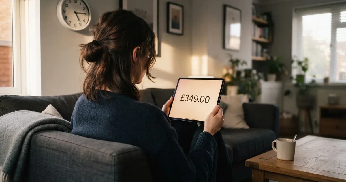 A person on a sofa looking thoughtfully at a tablet, a wall clock in the background