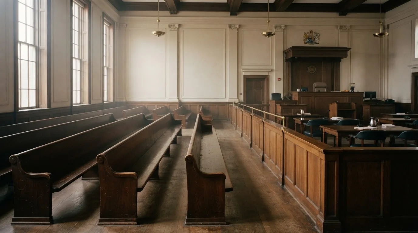 An empty courtroom with wooden benches in morning light