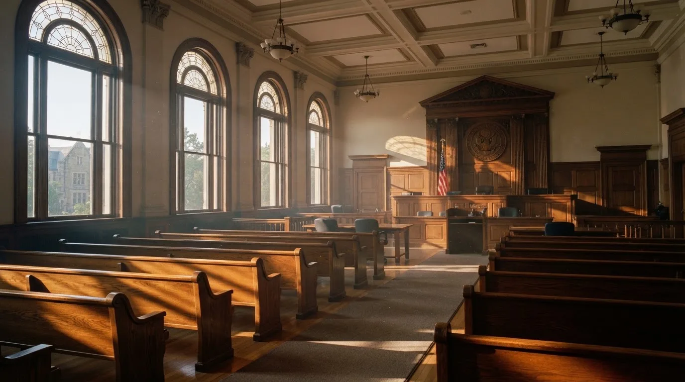 An empty courtroom with wooden benches in morning light