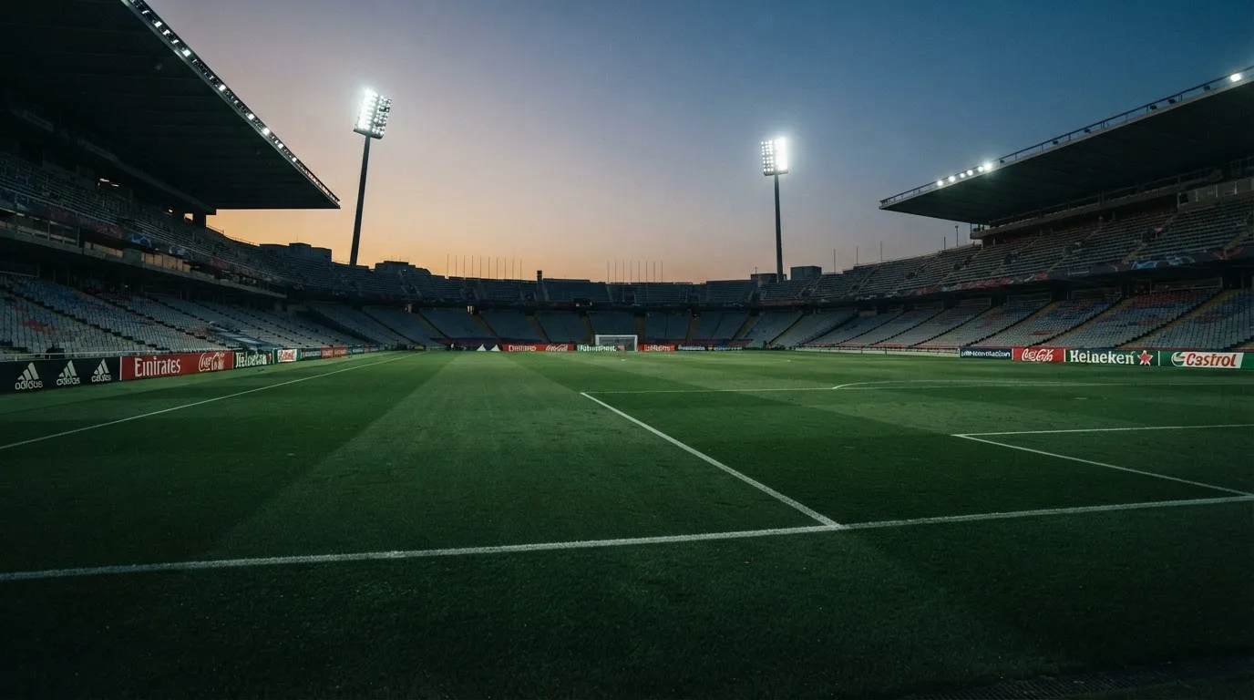 An empty football stadium with floodlight masts at dusk