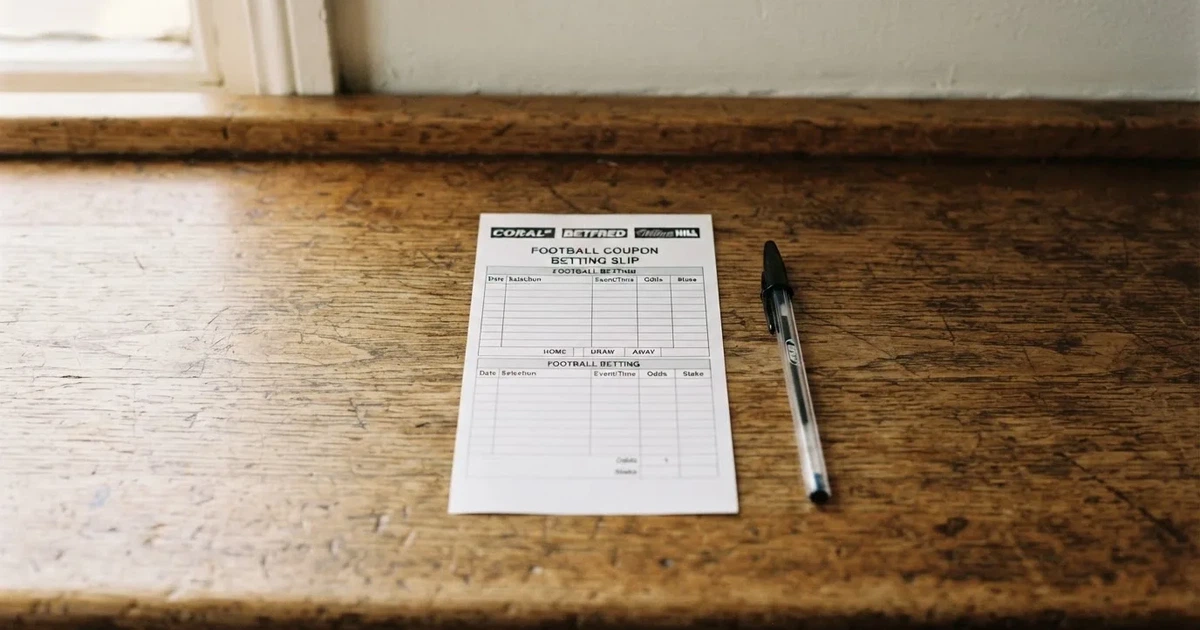 A blank paper betting slip beside a pen on a wooden counter