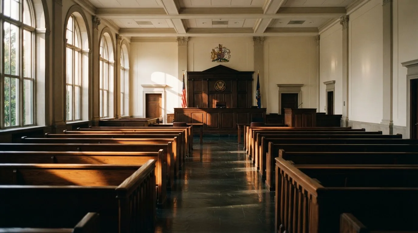 An empty courtroom with wooden benches in morning light