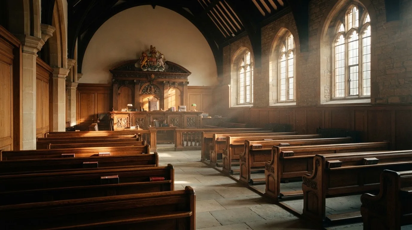 An empty courtroom with wooden benches in morning light