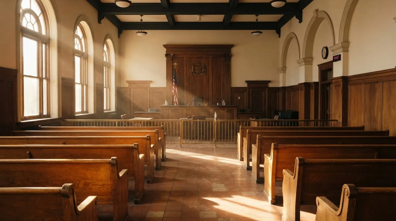 An empty courtroom with wooden benches in morning light