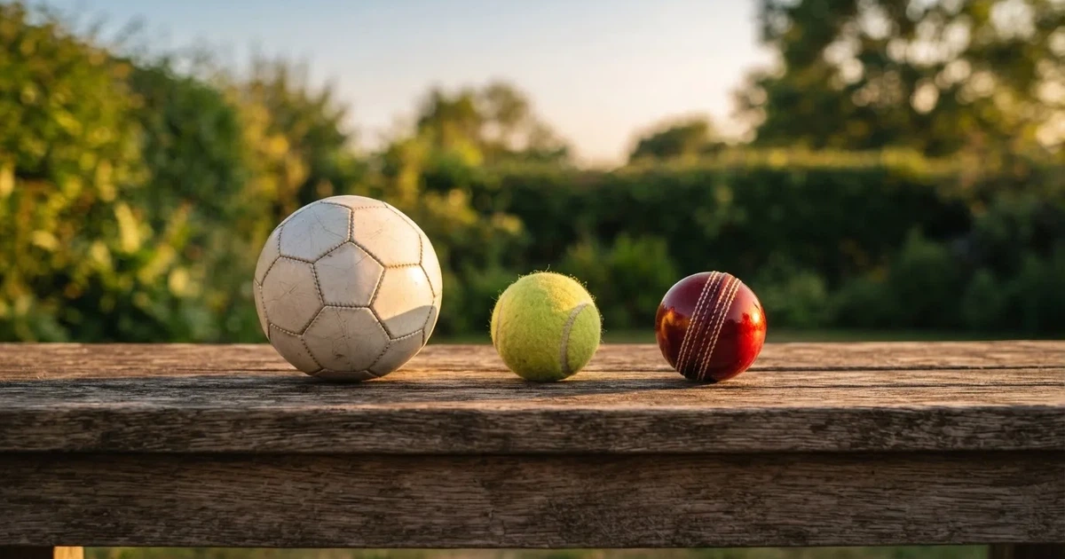 Three balls of different kinds side by side on a wooden bench