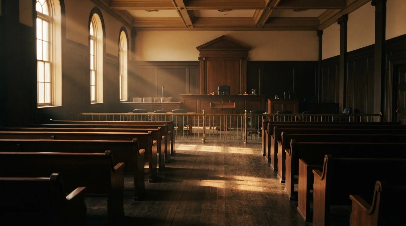 An empty courtroom with wooden benches in morning light
