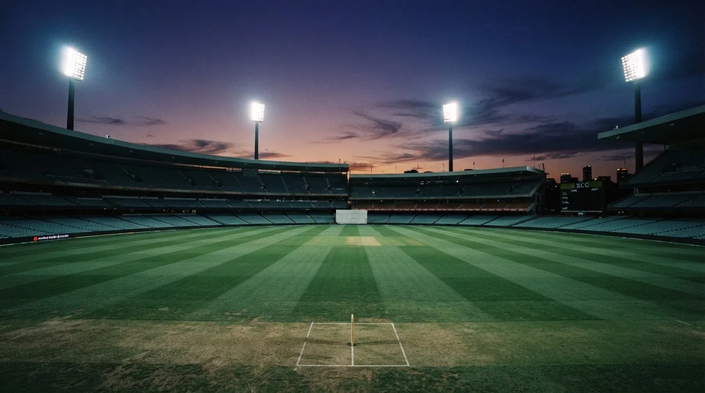 An empty football stadium with floodlight masts at dusk