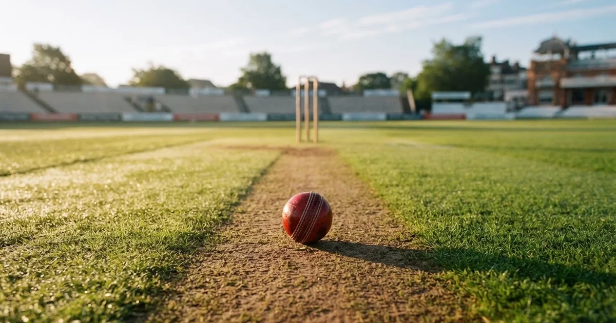 A ball on the centre spot of a grass pitch in morning light