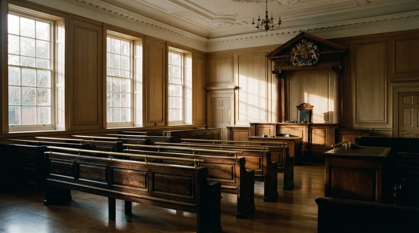 An empty courtroom with wooden benches in morning light