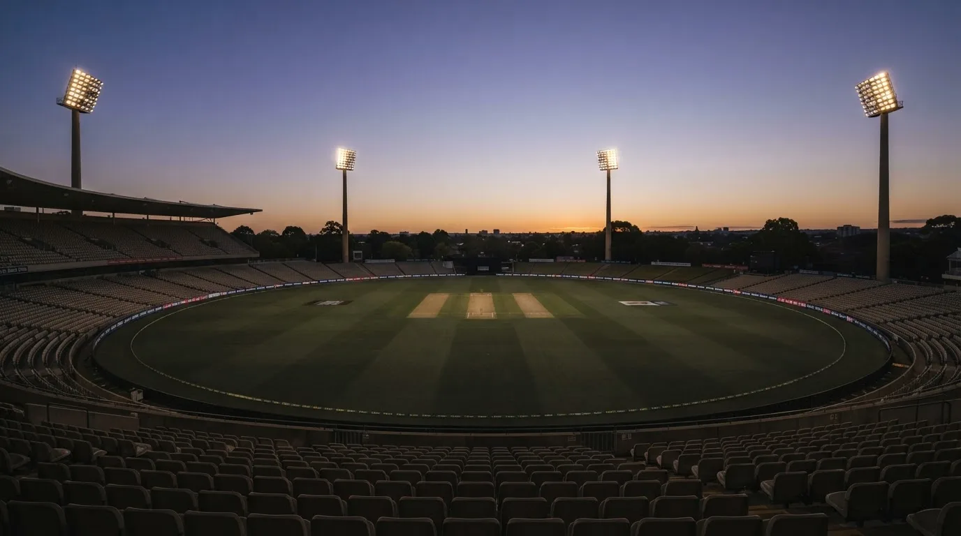 An empty football stadium with floodlight masts at dusk