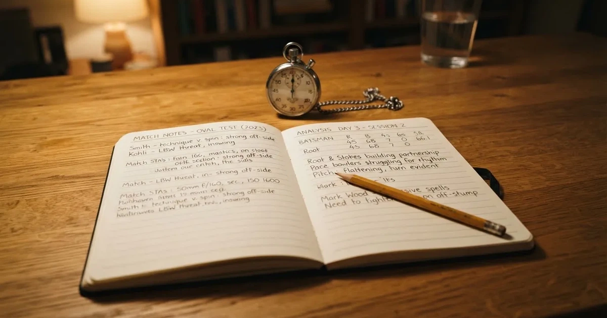 An open notebook with a pencil and a stopwatch on a wooden table