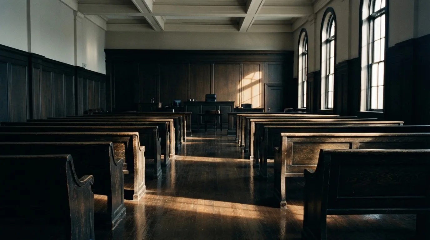 An empty courtroom with wooden benches in morning light