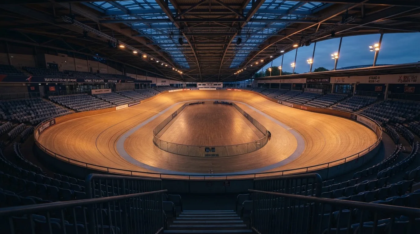 An empty football stadium with floodlight masts at dusk