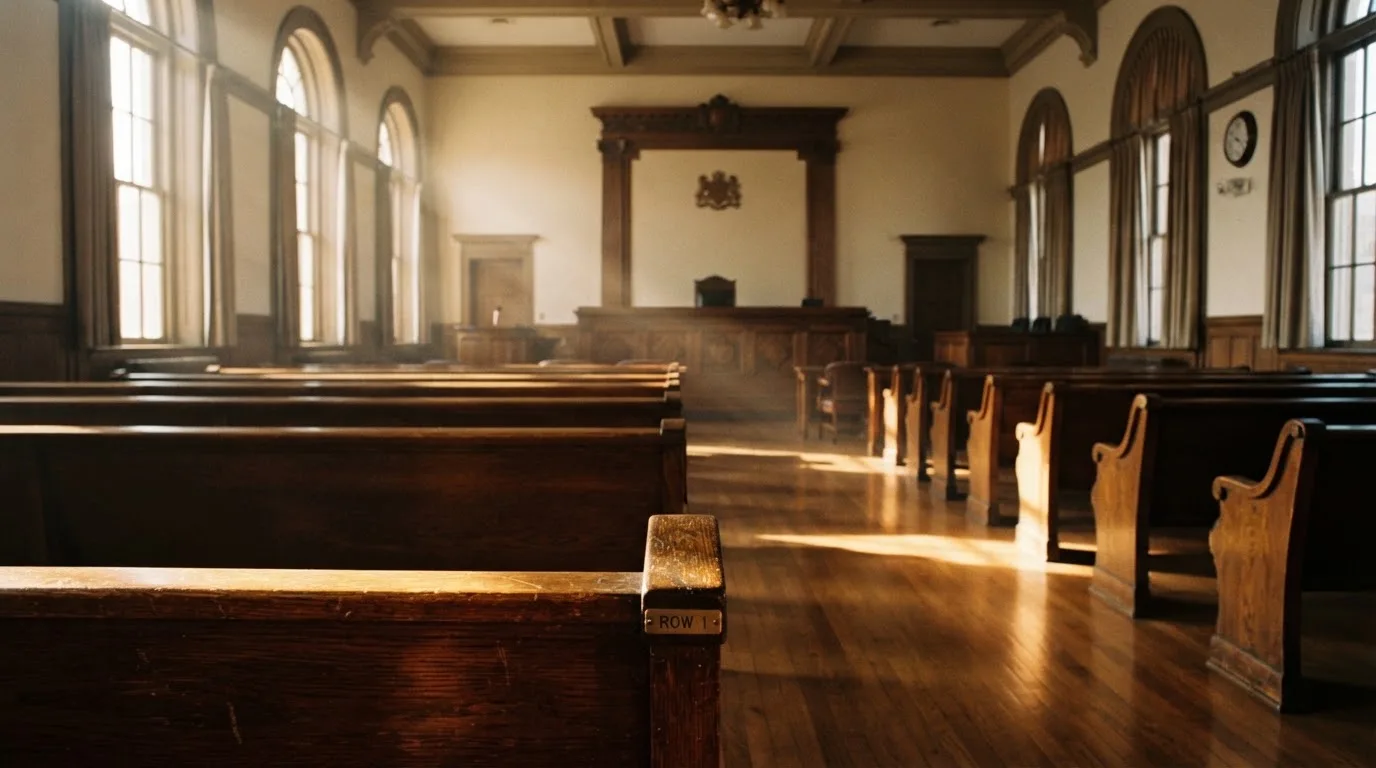 An empty courtroom with wooden benches in morning light