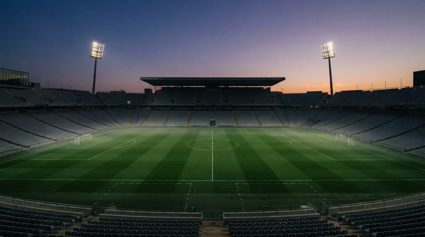 An empty football stadium with floodlight masts at dusk
