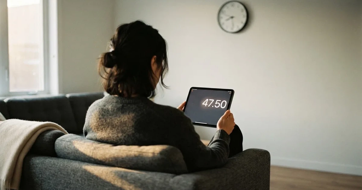A person on a sofa looking thoughtfully at a tablet, a wall clock in the background