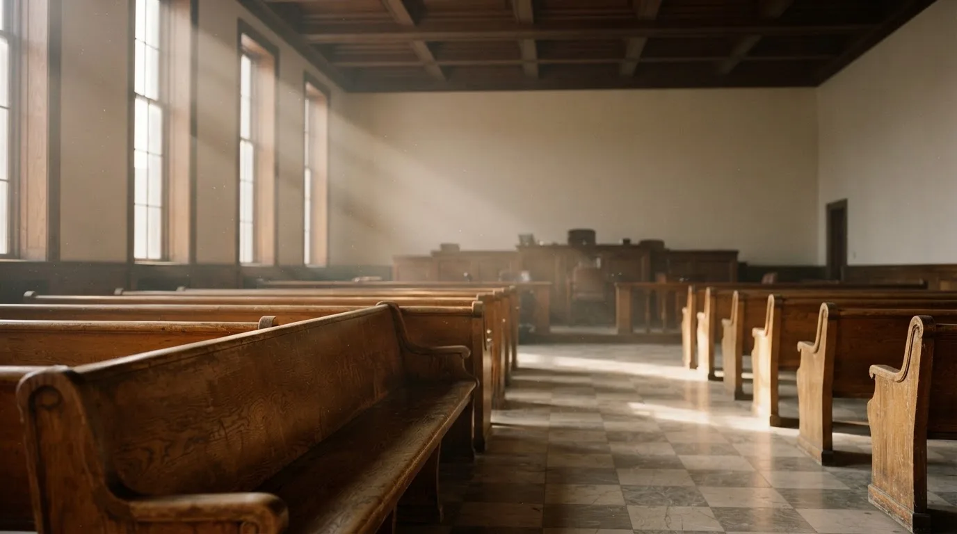 An empty courtroom with wooden benches in morning light