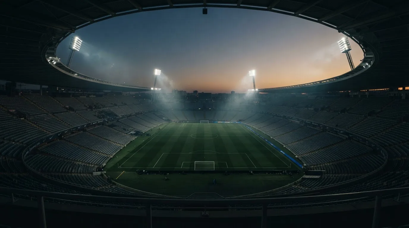 An empty football stadium with floodlight masts at dusk