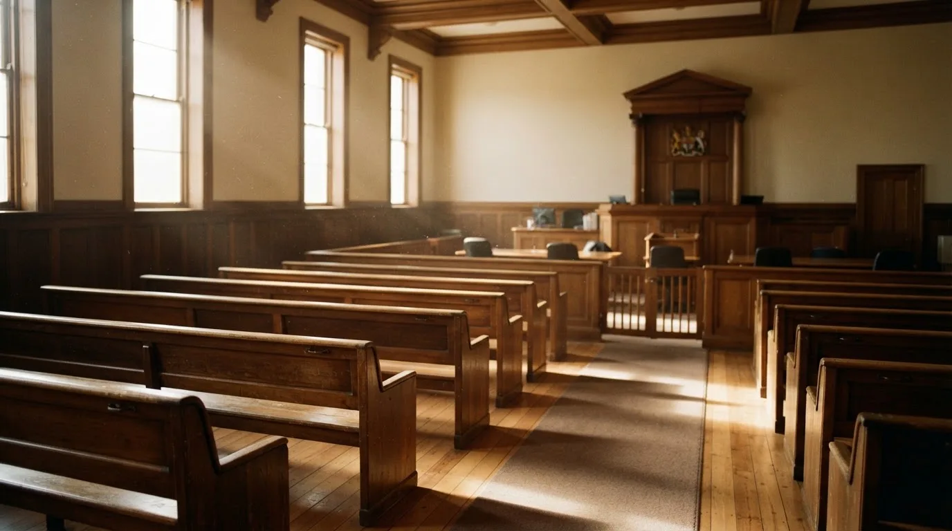 An empty courtroom with wooden benches in morning light