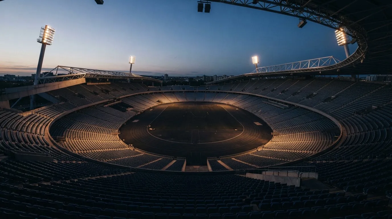 An empty football stadium with floodlight masts at dusk