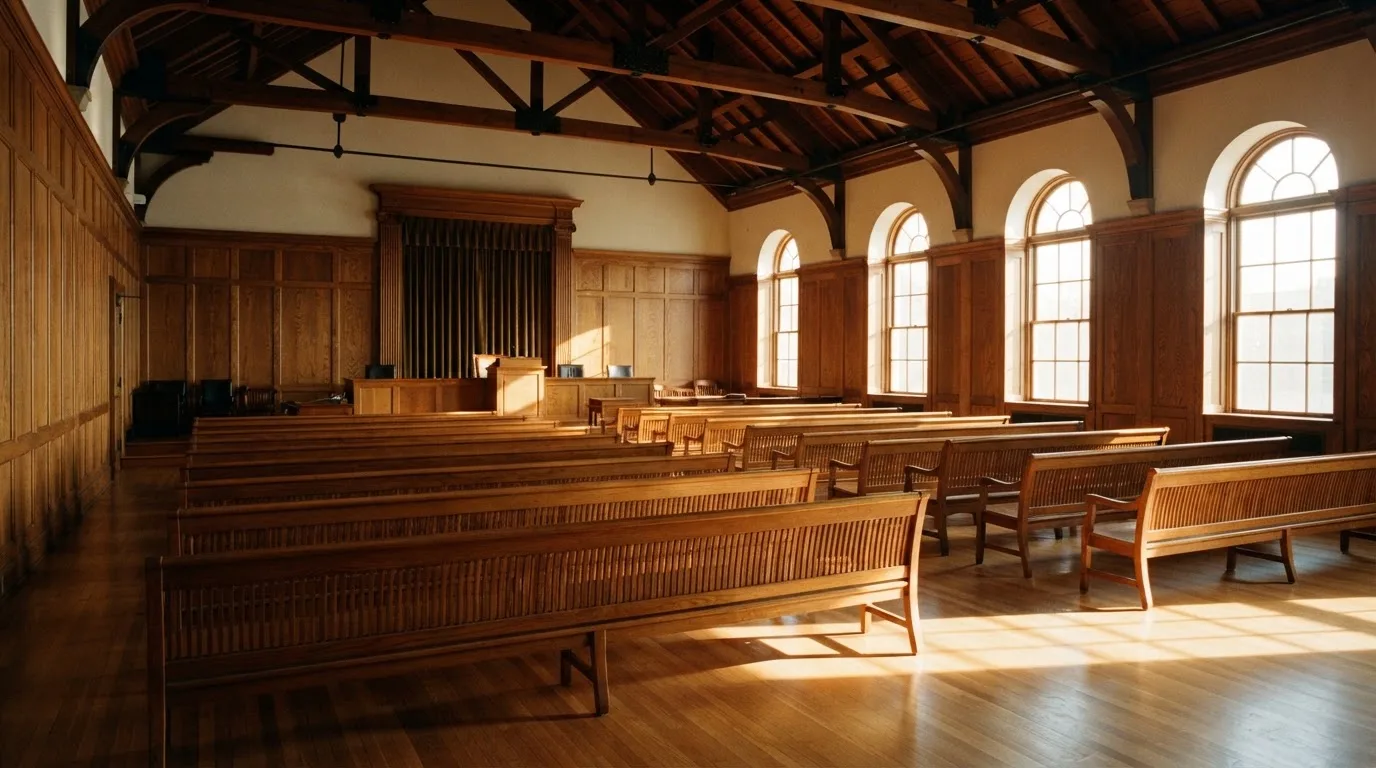 An empty courtroom with wooden benches in morning light