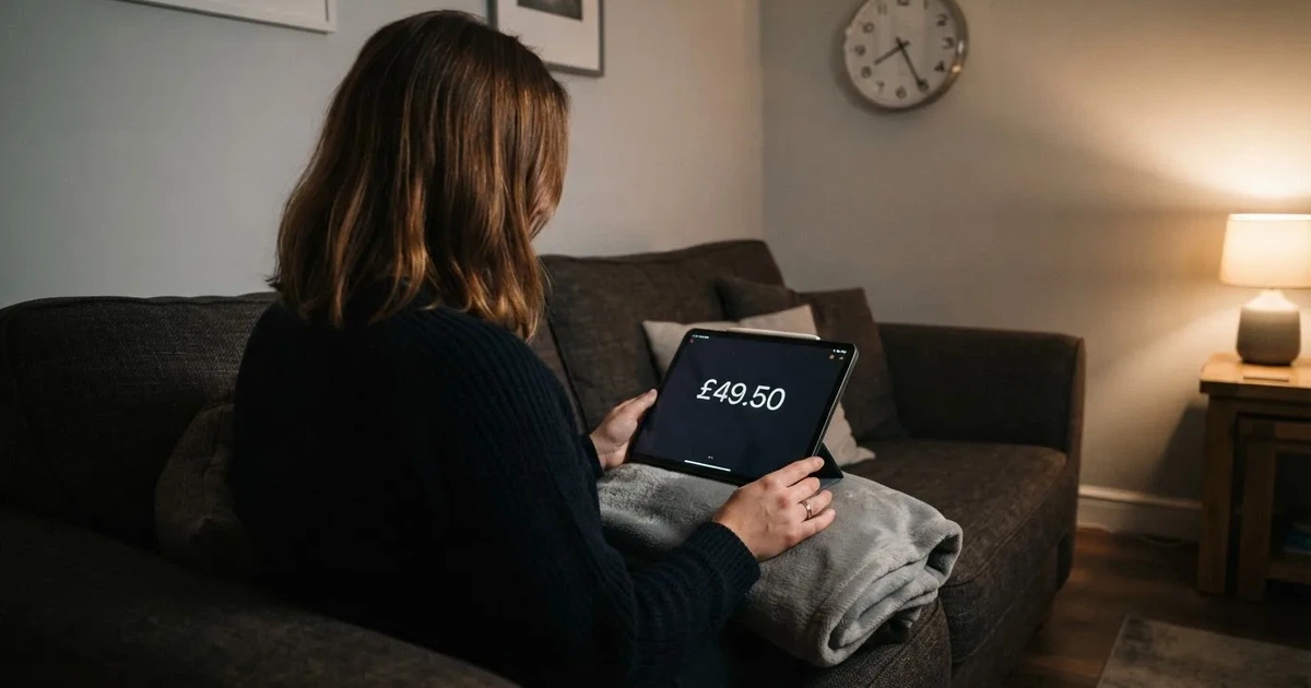 A person on a sofa looking thoughtfully at a tablet, a wall clock in the background