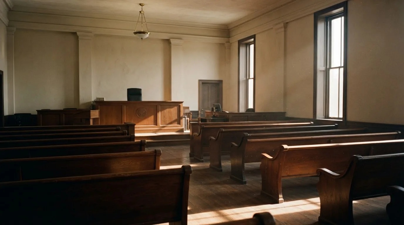 An empty courtroom with wooden benches in morning light
