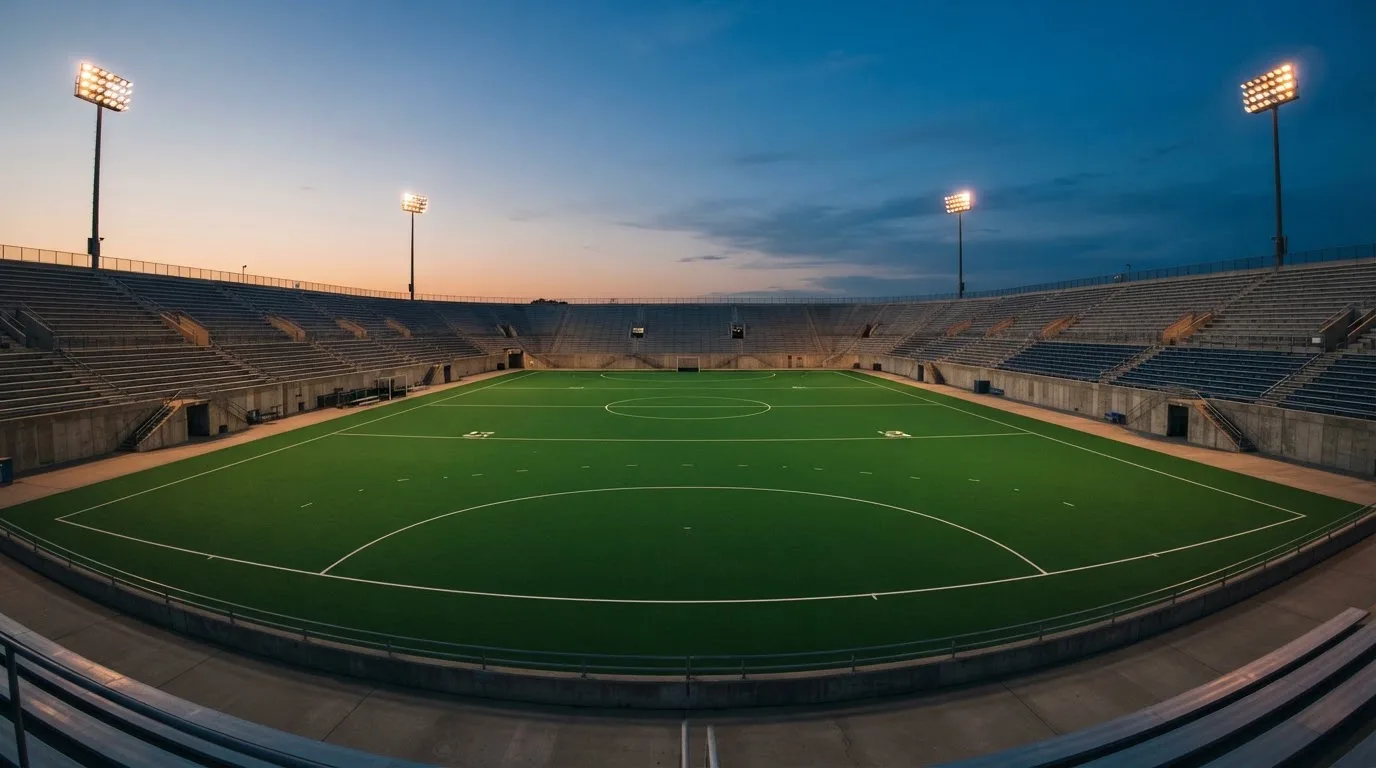 An empty football stadium with floodlight masts at dusk