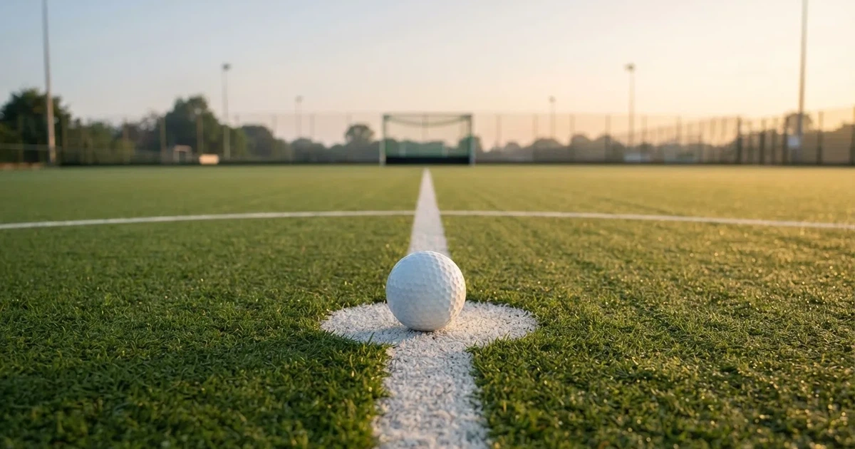 A ball on the centre spot of a grass pitch in morning light