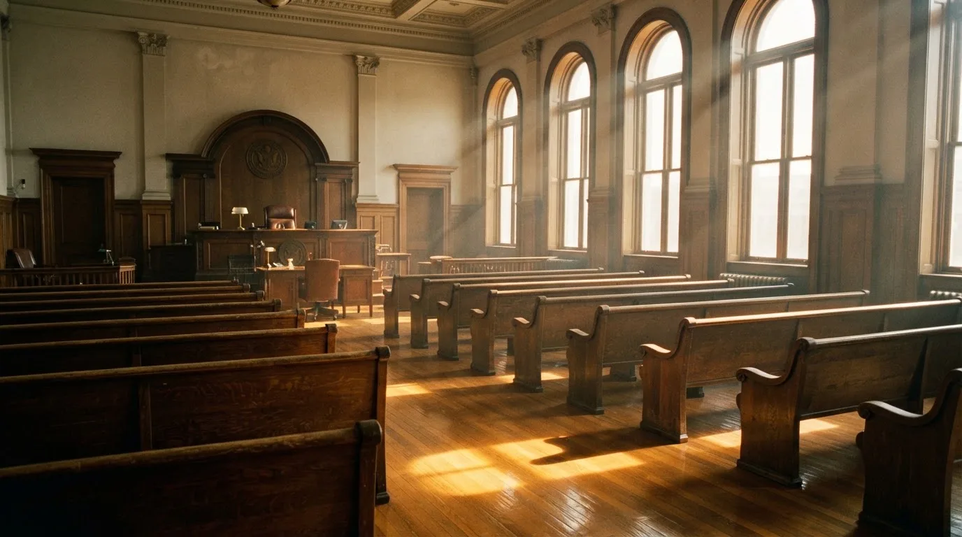 An empty courtroom with wooden benches in morning light