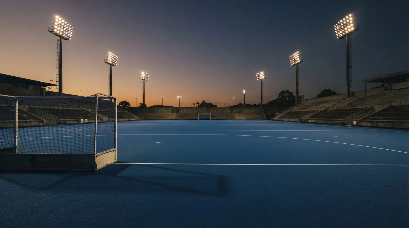 An empty football stadium with floodlight masts at dusk