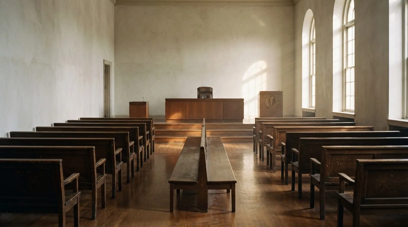 An empty courtroom with wooden benches in morning light