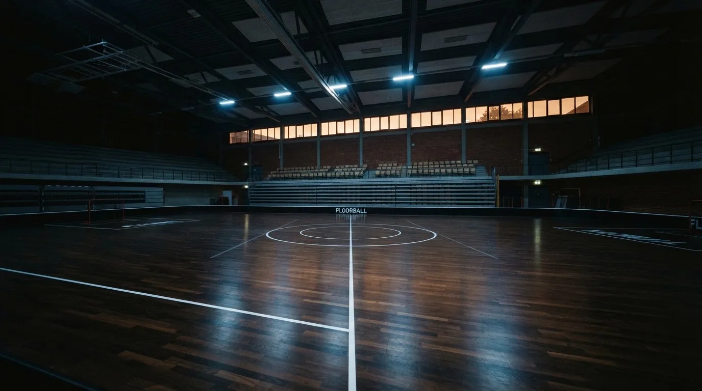 An empty football stadium with floodlight masts at dusk