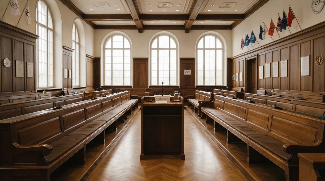 An empty courtroom with wooden benches in morning light