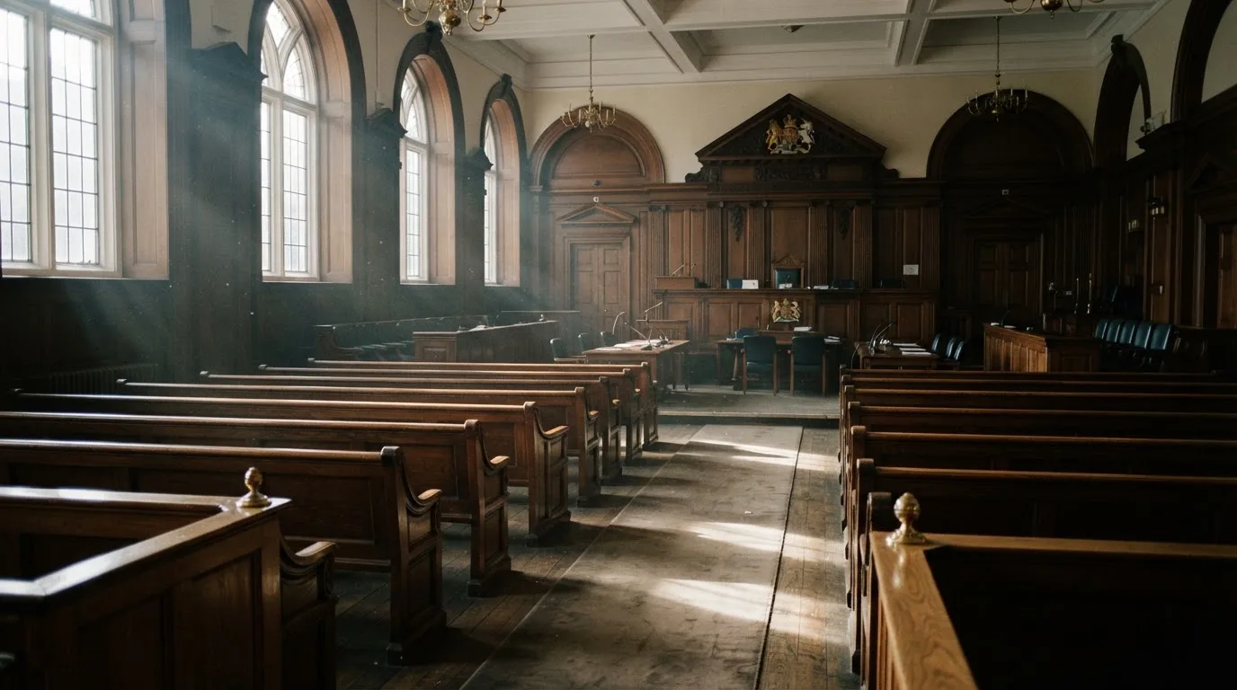 An empty courtroom with wooden benches in morning light