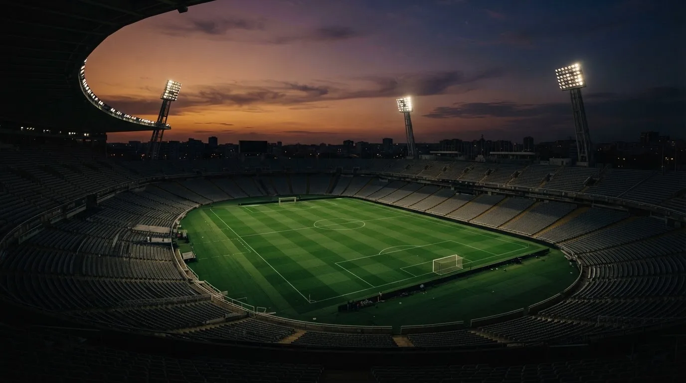 An empty football stadium with floodlight masts at dusk