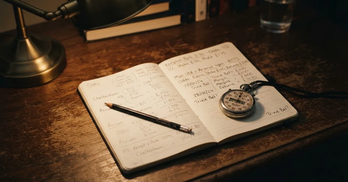 An open notebook with a pencil and a stopwatch on a wooden table