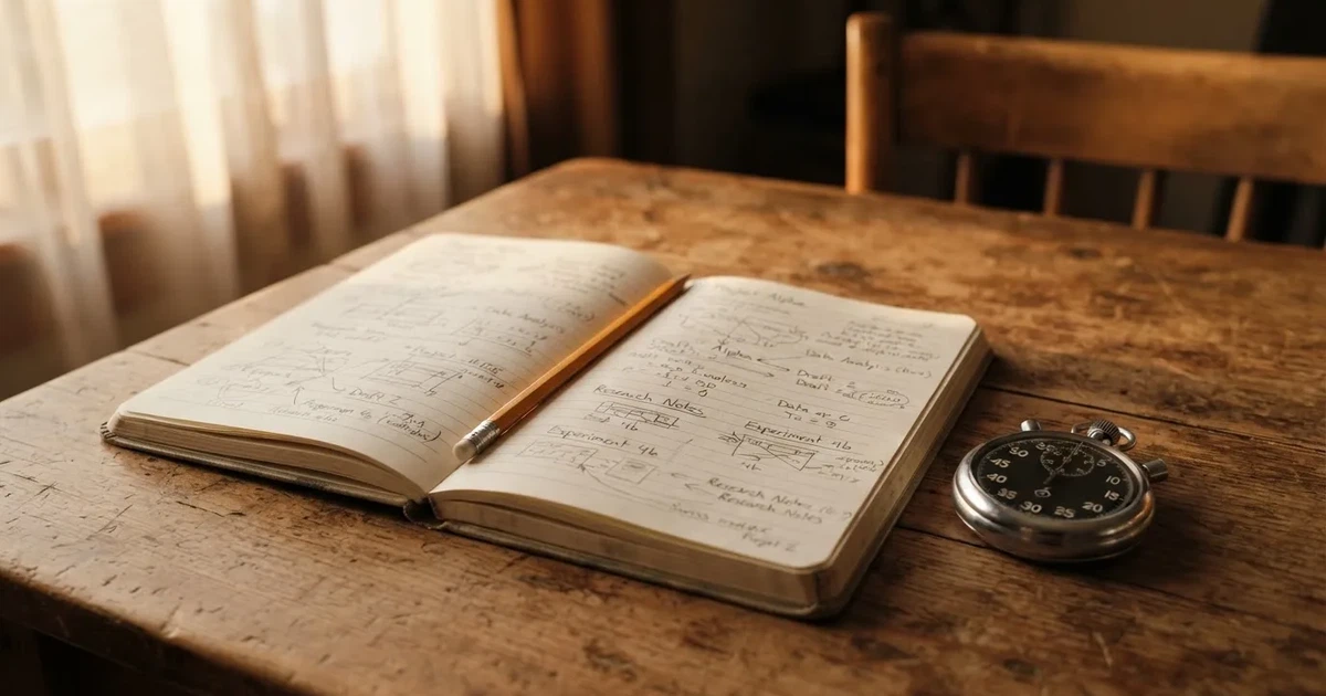 An open notebook with a pencil and a stopwatch on a wooden table