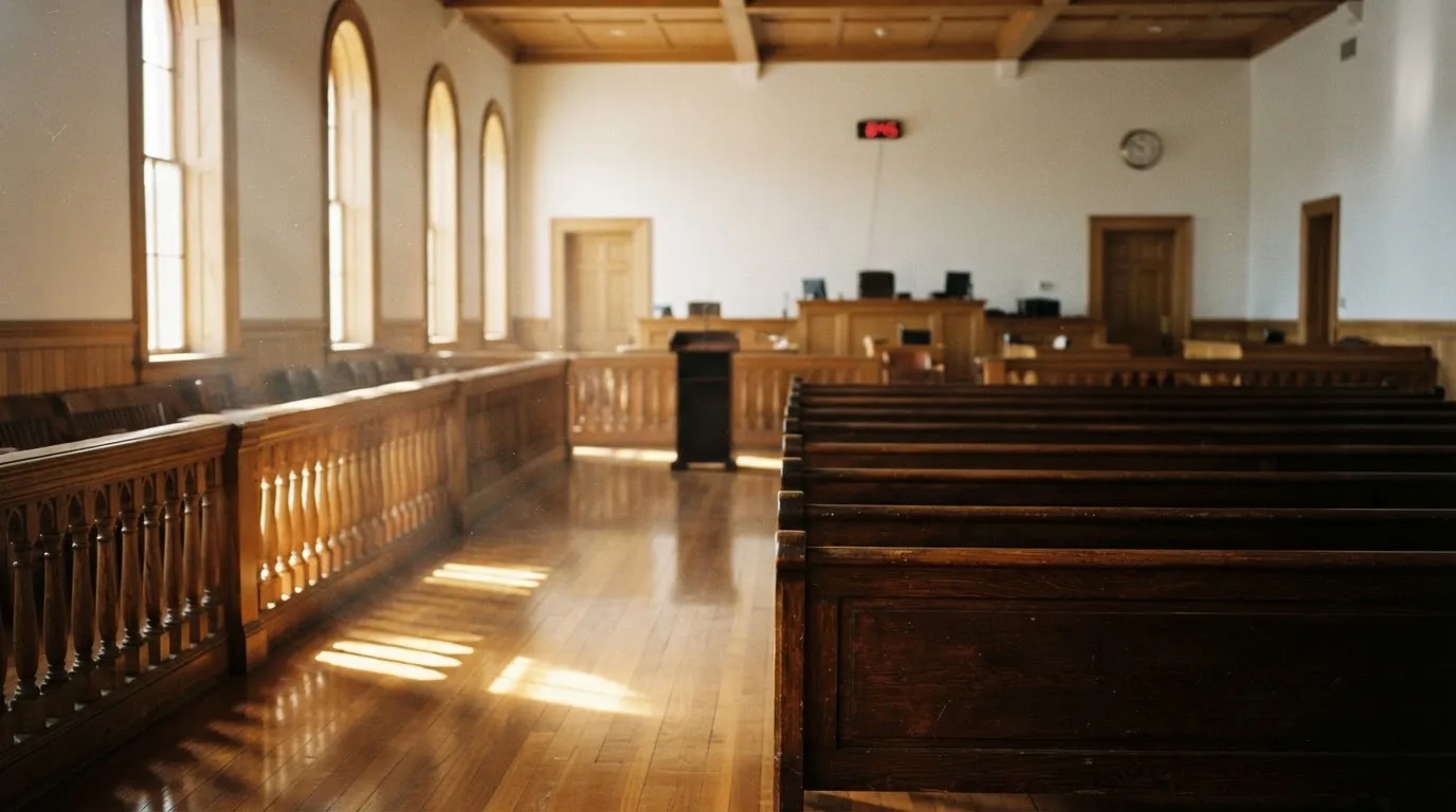 An empty courtroom with wooden benches in morning light