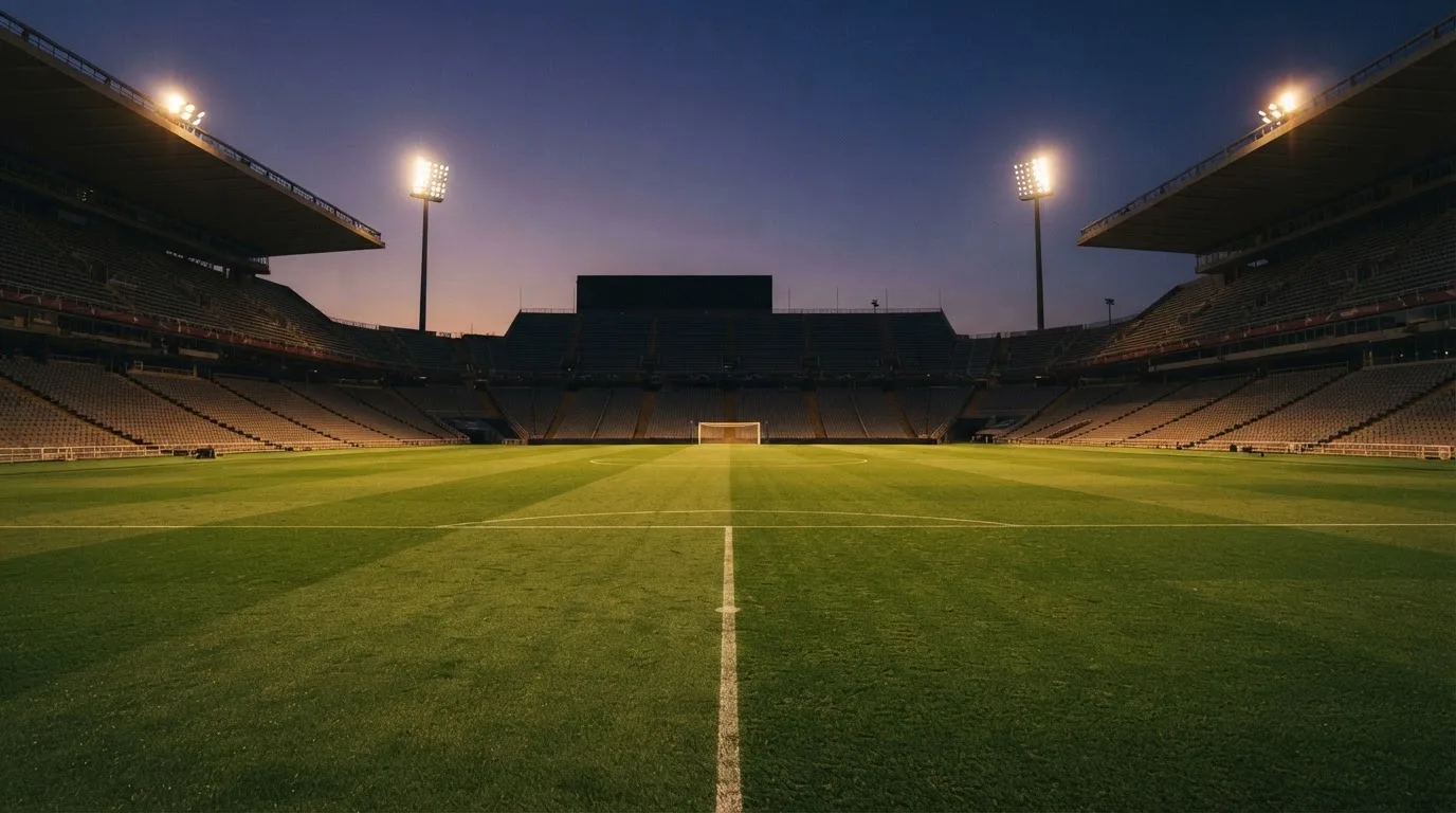 An empty football stadium with floodlight masts at dusk