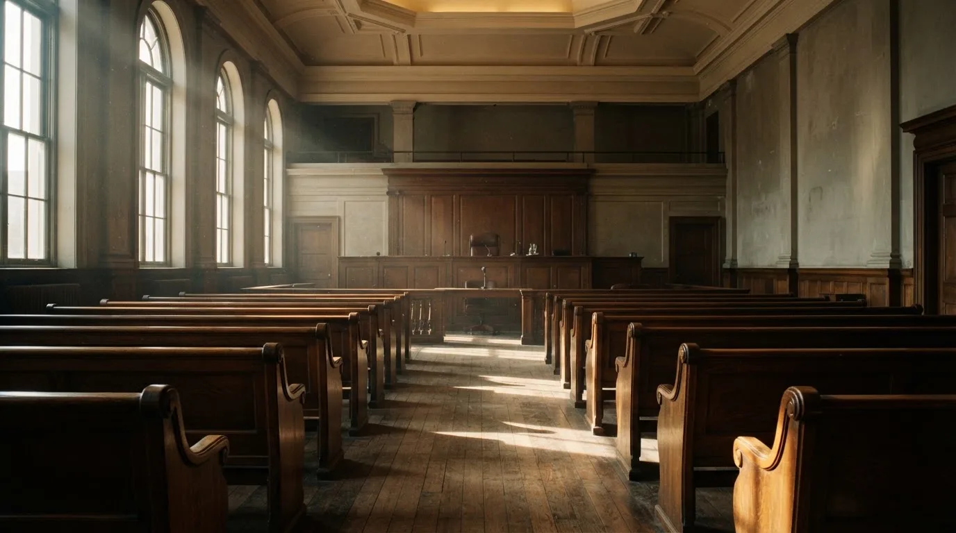An empty courtroom with wooden benches in morning light