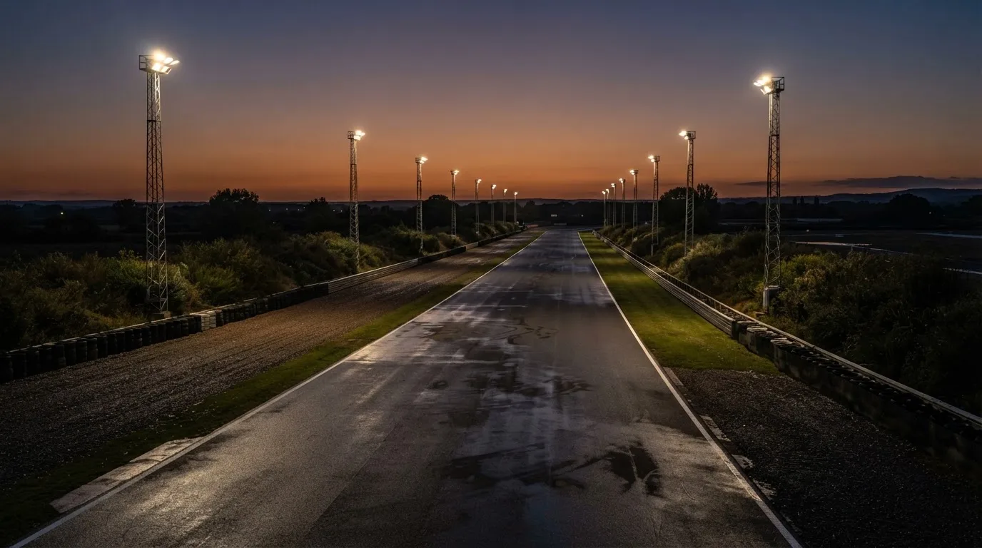 An empty football stadium with floodlight masts at dusk