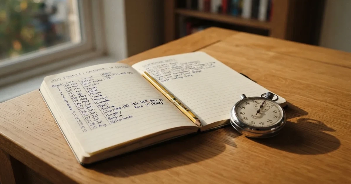 An open notebook with a pencil and a stopwatch on a wooden table