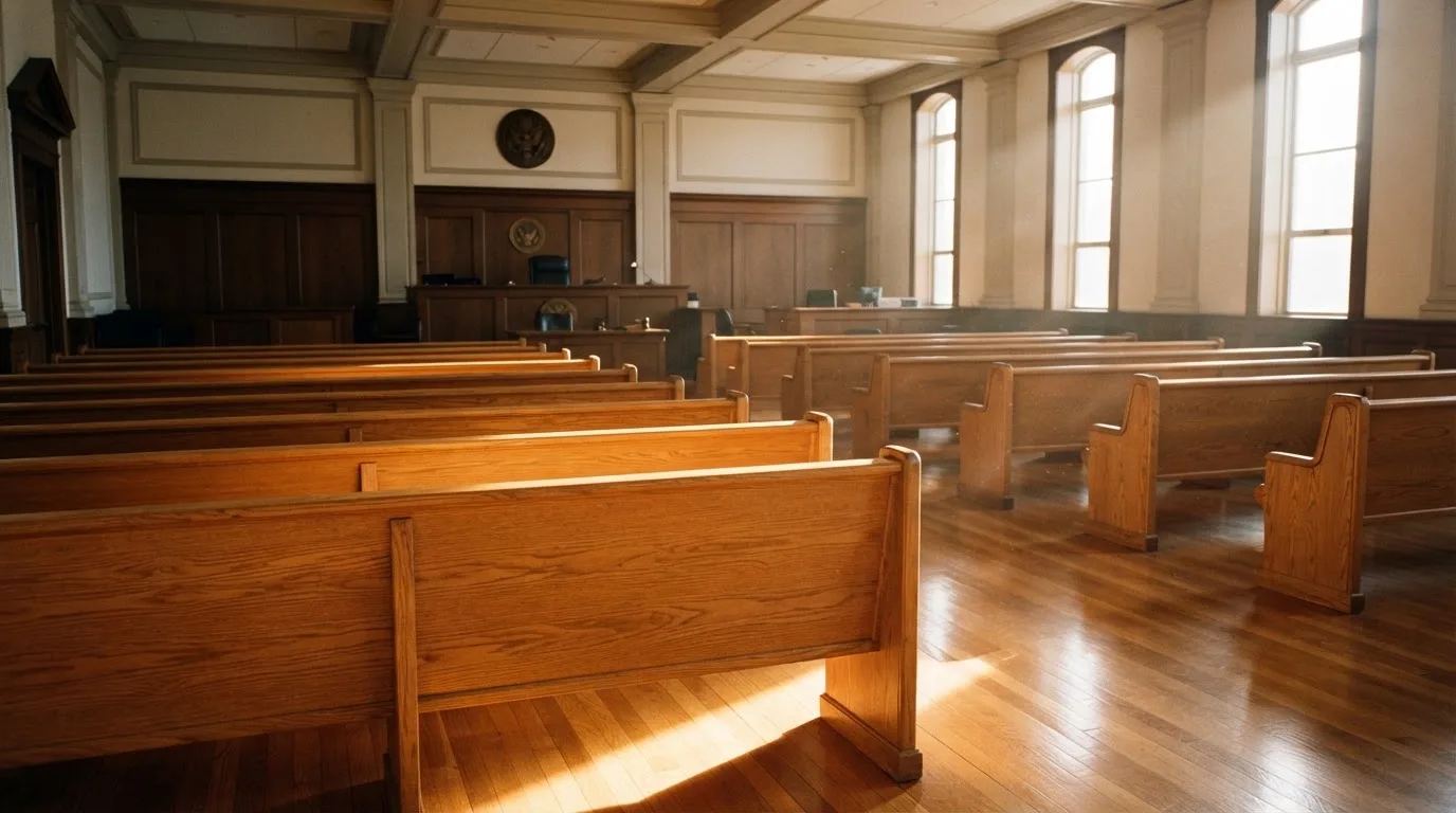 An empty courtroom with wooden benches in morning light
