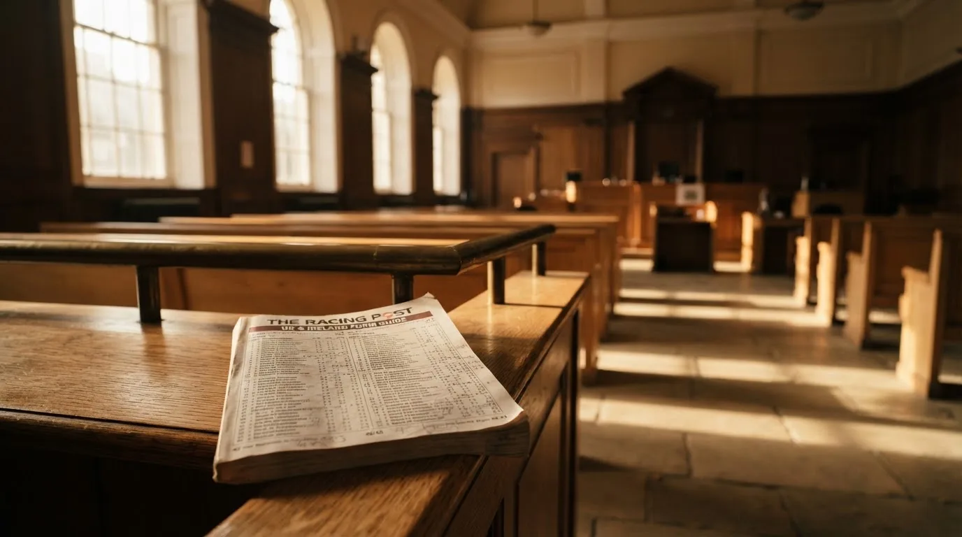 An empty courtroom with wooden benches in morning light