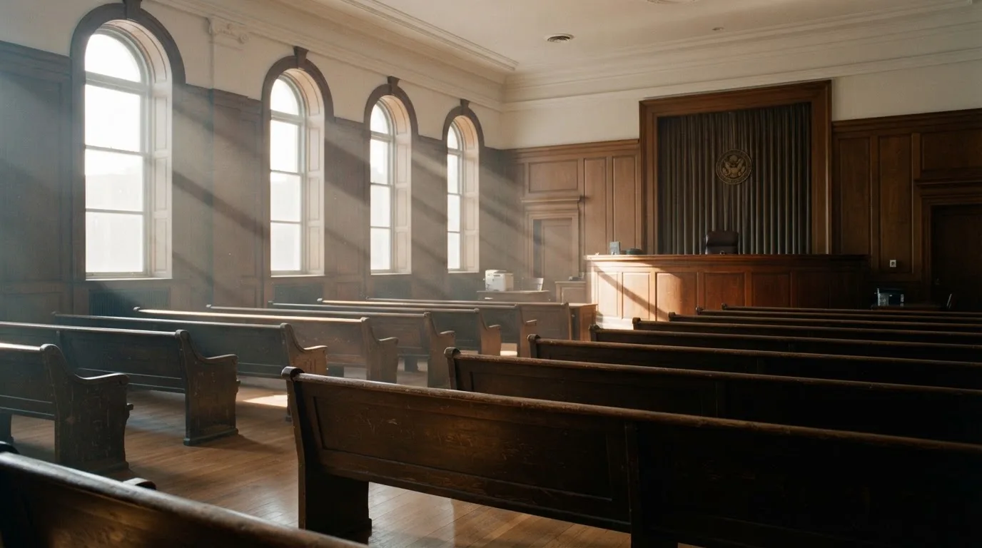 An empty courtroom with wooden benches in morning light