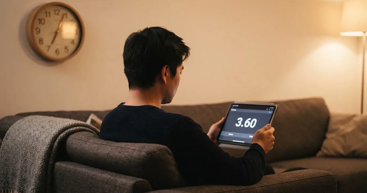 A person on a sofa looking thoughtfully at a tablet, a wall clock in the background