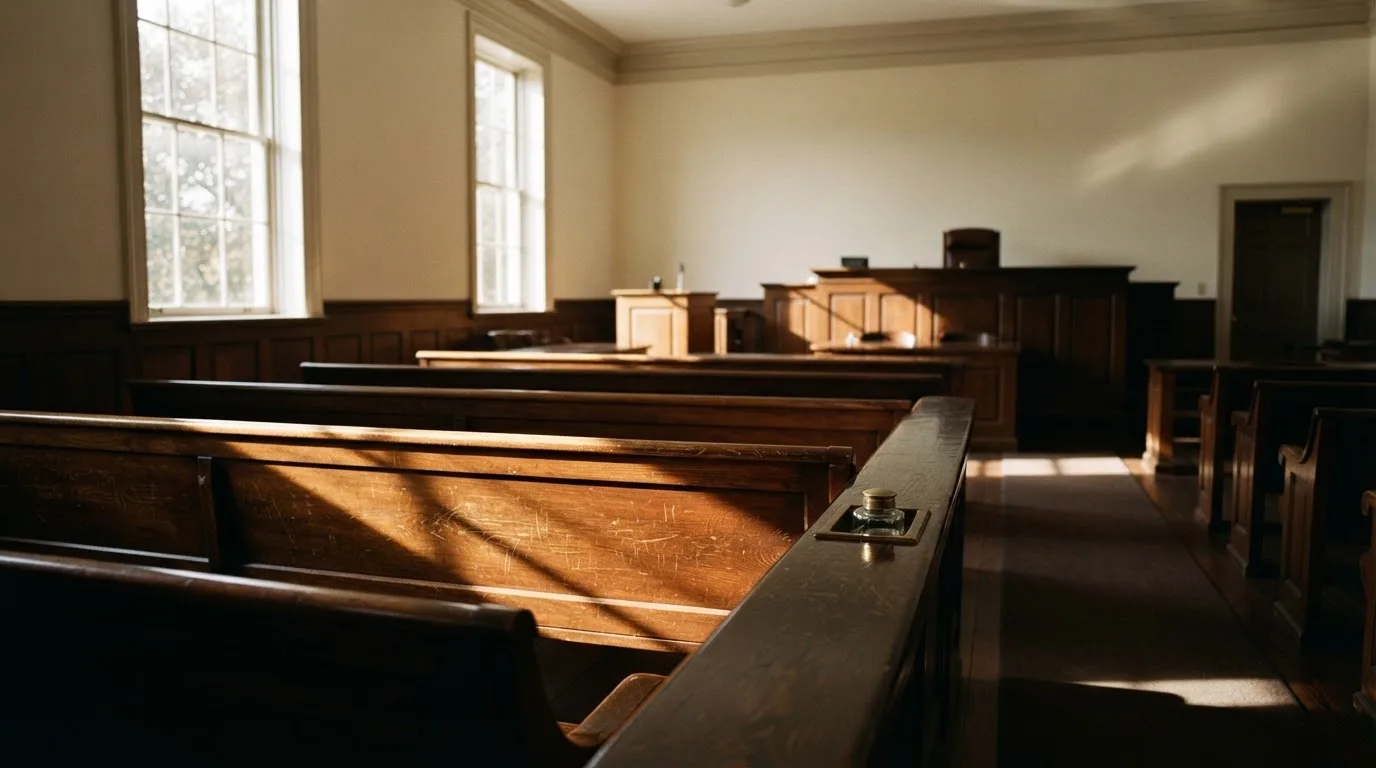 An empty courtroom with wooden benches in morning light