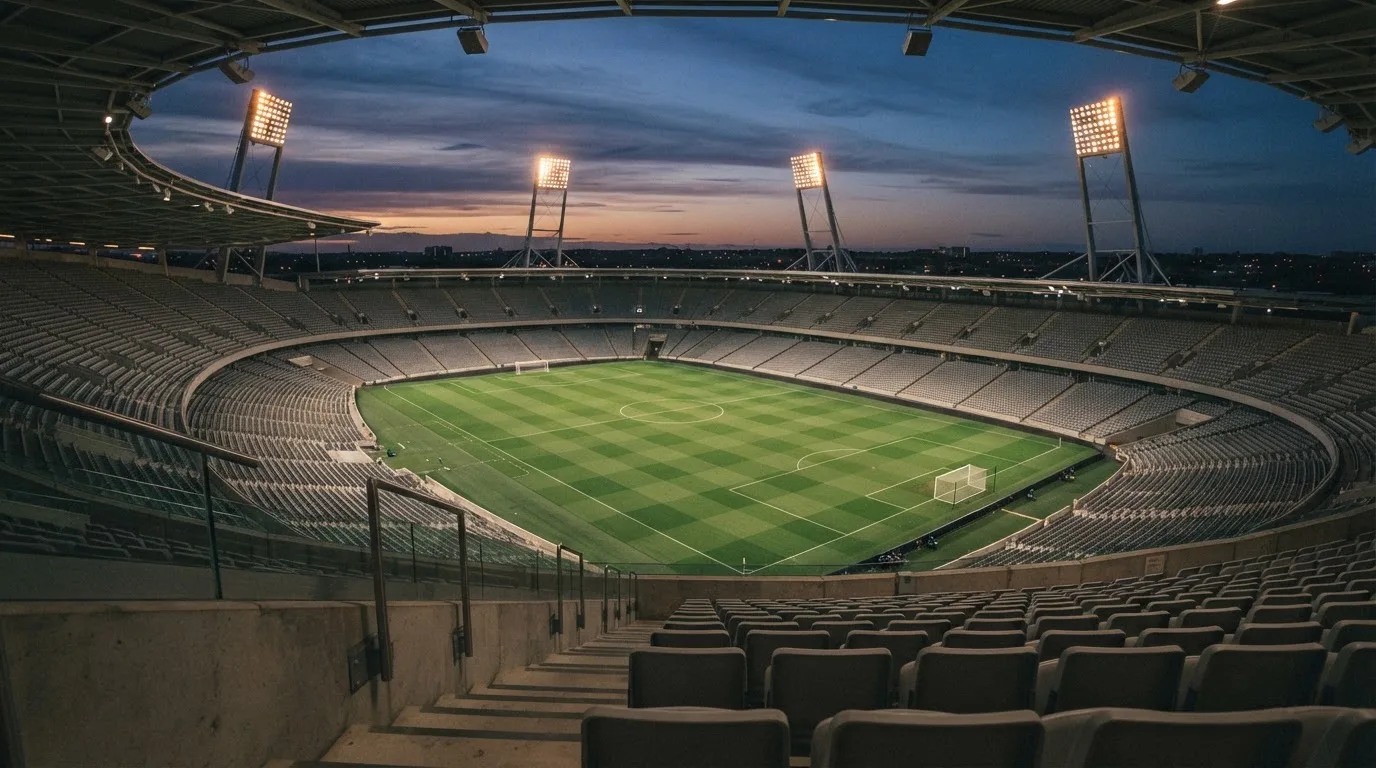 An empty football stadium with floodlight masts at dusk