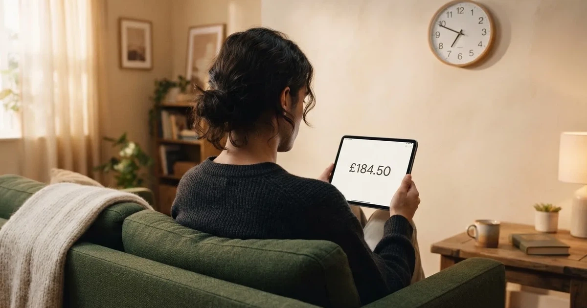 A person on a sofa looking thoughtfully at a tablet, a wall clock in the background